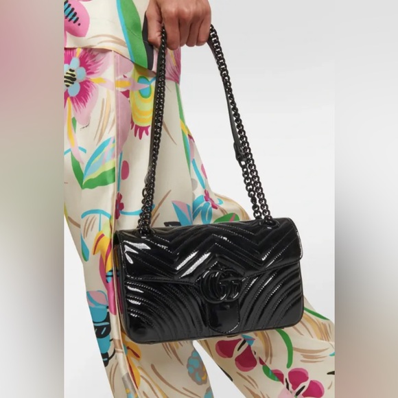 ❌❌SOLD!❌❌NEW Gucci Marmont GG Black Patent Leather Shoulder Bag Purse Authentic - Picture 2 of 11
